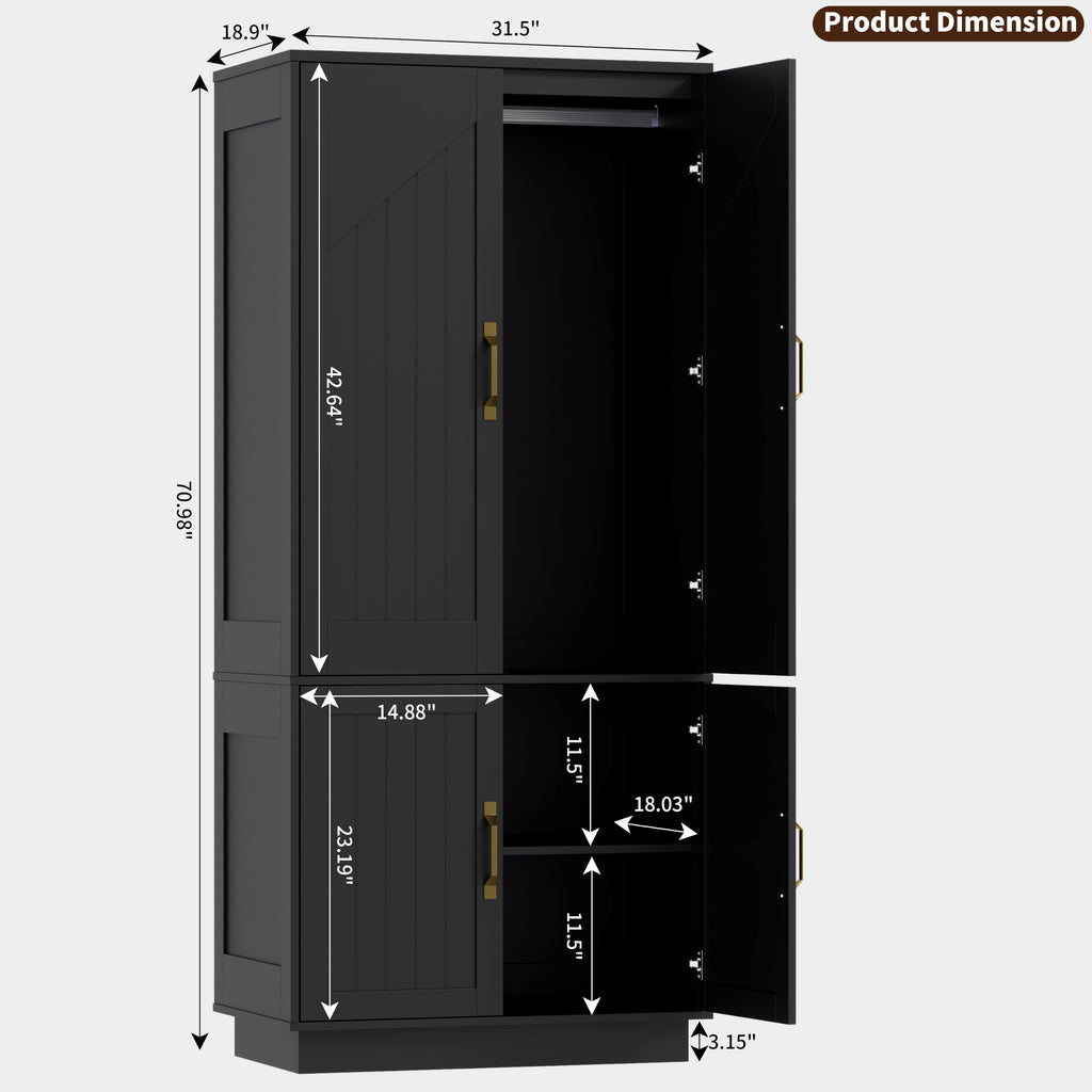 Black Armoire Wardrobe Closet with 2 Doors and LED Lights