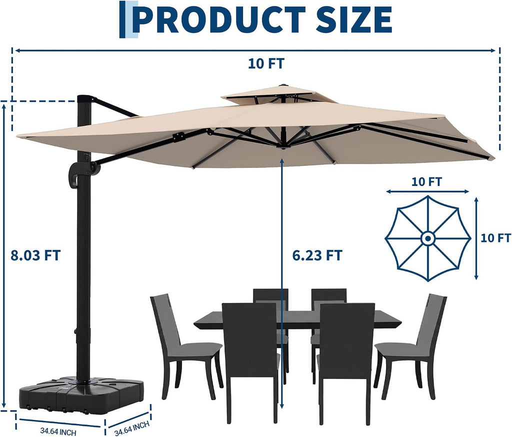 10x10 ft Square Outdoor Umbrella, Cantilever Patio Umbrella | 360° Rotation & Adjustable Height