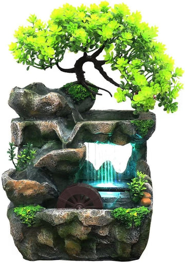 Tabletop Waterfall Fountain with Flowing Water & LED Lights - Indoor Resin Rockery Desk Fountain Relaxation &