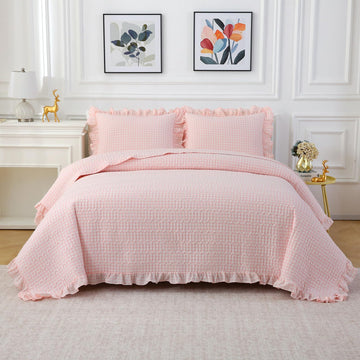 Blush White Ruffle Gingham Quilted Bedspread Set