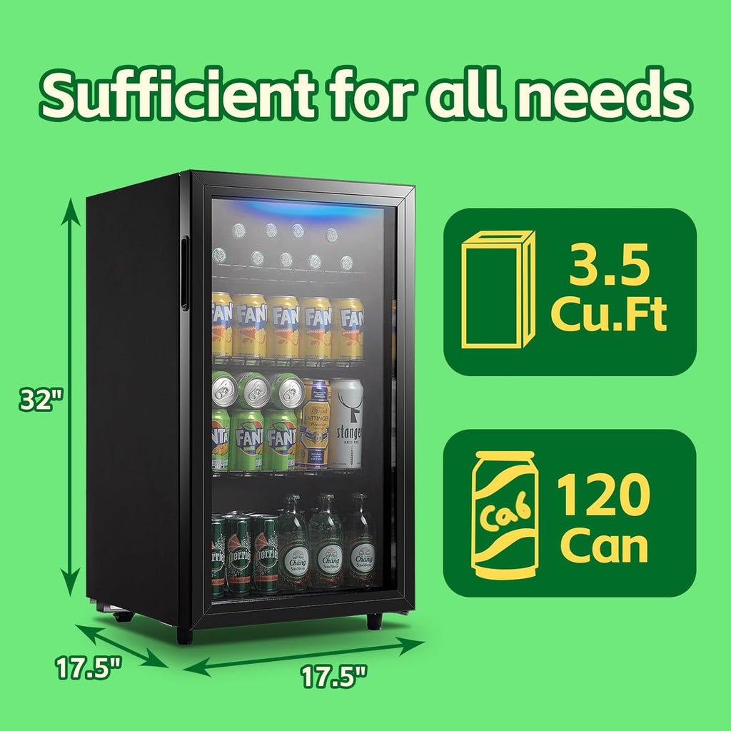 Beverage Refrigerator Cooler 3.5 Cu.Ft, 120 Can Mini Small Fridge with Glass Door LED Light and Adjustable Shelves for Soda Beer or Wine, Perfect for Home Bar Office, Black
