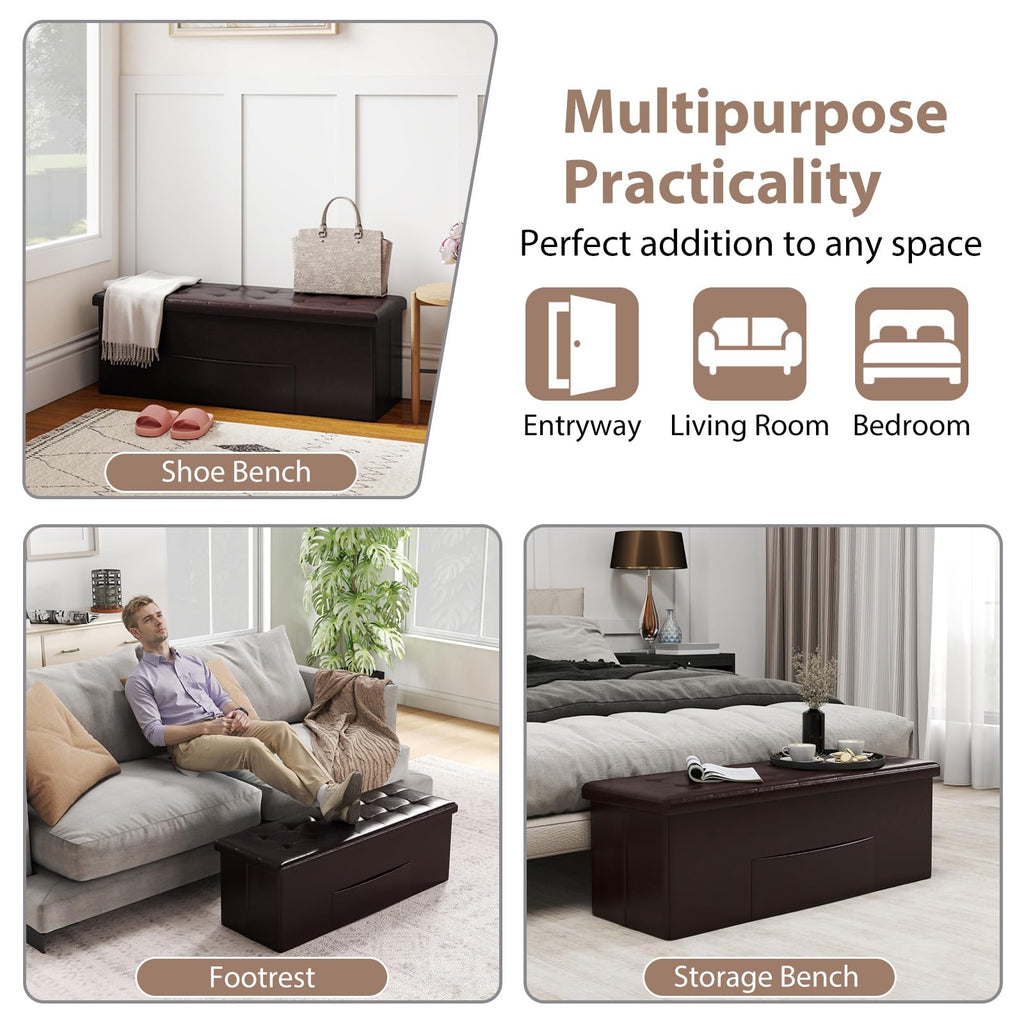 43 Inches Folding Storage Ottoman Bench, Upholstered PU Leather Storage Chest with Side Pocket, Padded Seat, End of