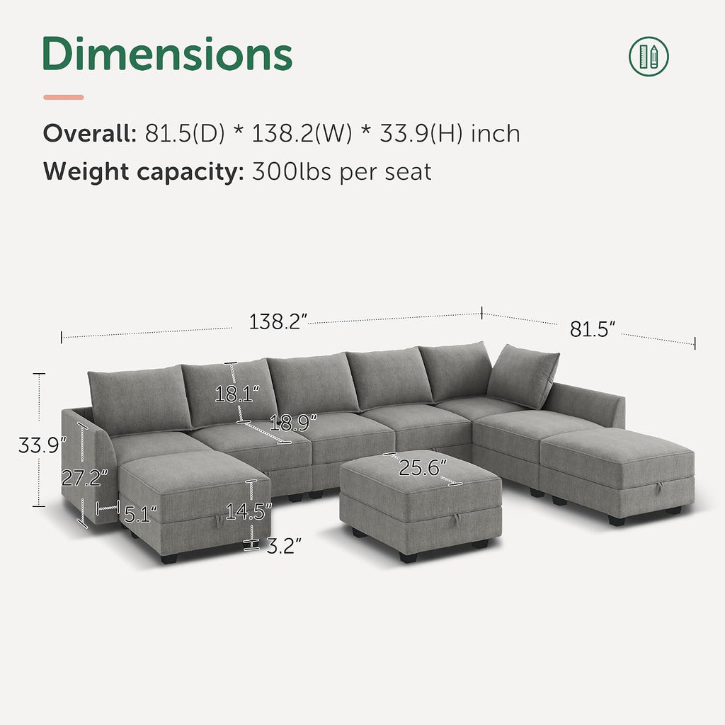 Oversized Modular Sectional Sofa with Storage Seats Reversible Couch with Ottomans U Shaped Modular Sectional Couch