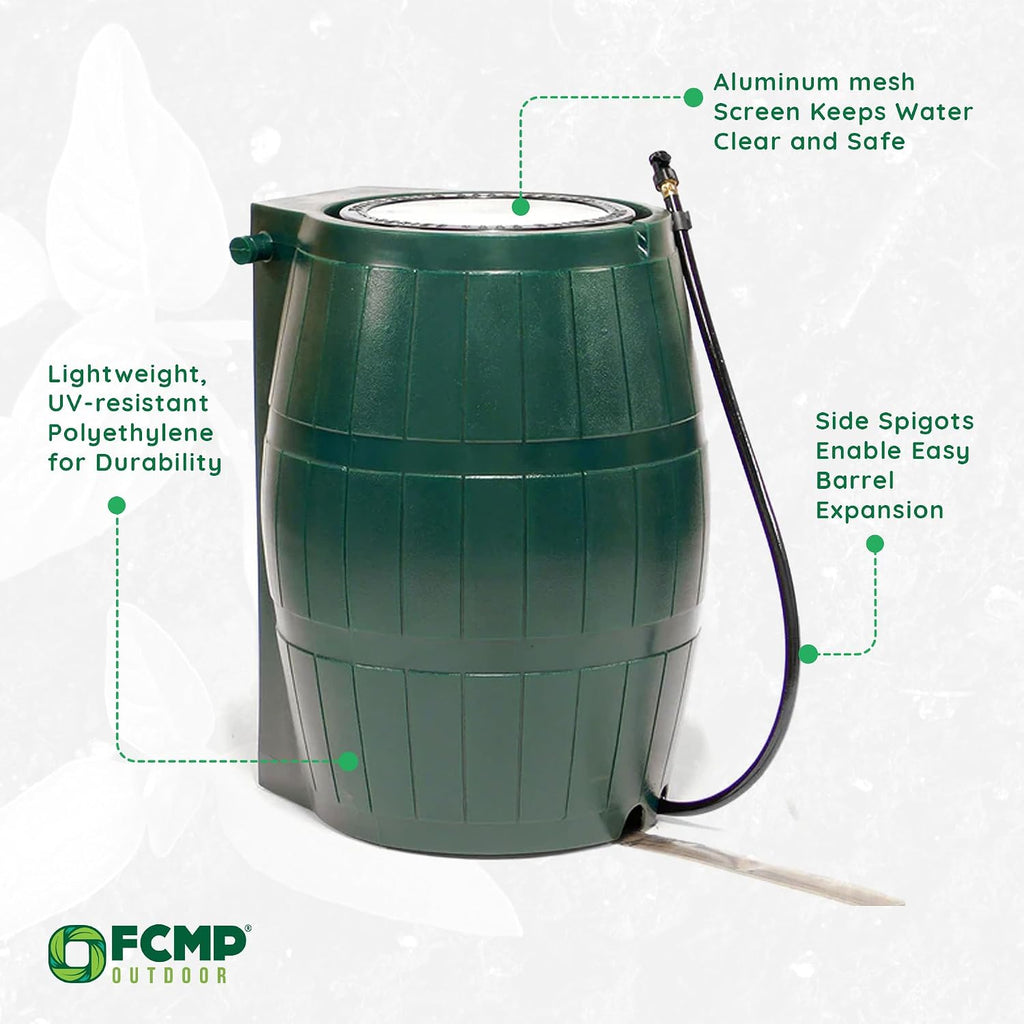 Raincatcher, Flat-Back Rain Barrel with Spigots, 50 Gallon, Green | Portable Water Storage Container Tank with