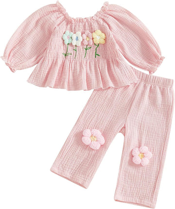 Toddler Baby Girl Outfits Infant Puff Sleeve Smocked Floral Tops Pants Cute Kids Girls Fall Winter Clothes Set