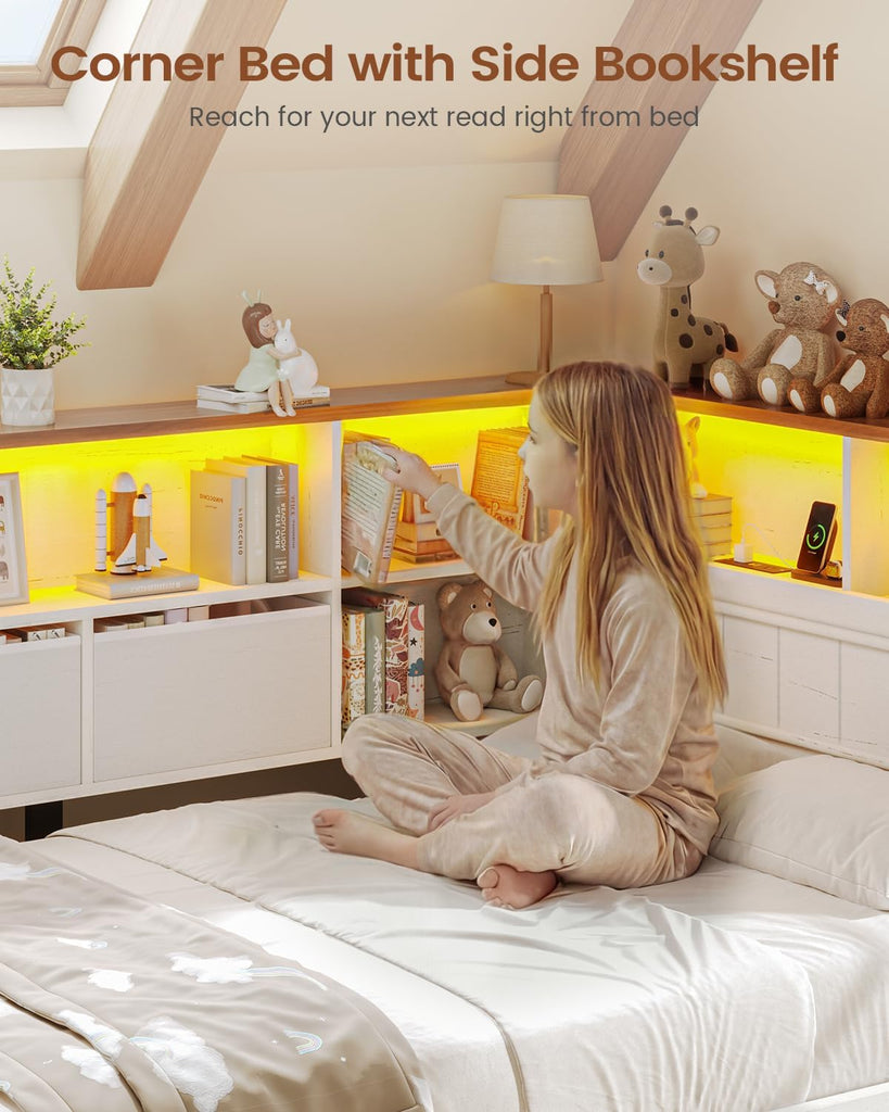 Twin Corner Bed Frame with Storage Drawers and Bookcase Hidden Headboard, Charging Station and Led Lights, Farmhouse