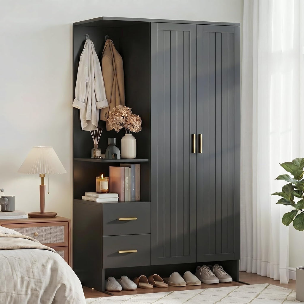 Modern Wardrobe Closet with 2 Doors & 2 Drawers, 67.8" Tall Armoire Wardrobe with Open Shelves, Freestanding Wardrobe