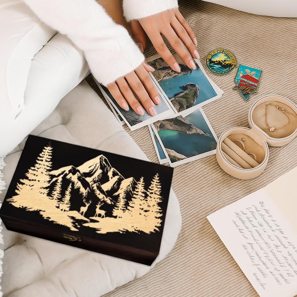 Forest and Mountains Wooden Memorial Storage Box with Hinged Lids