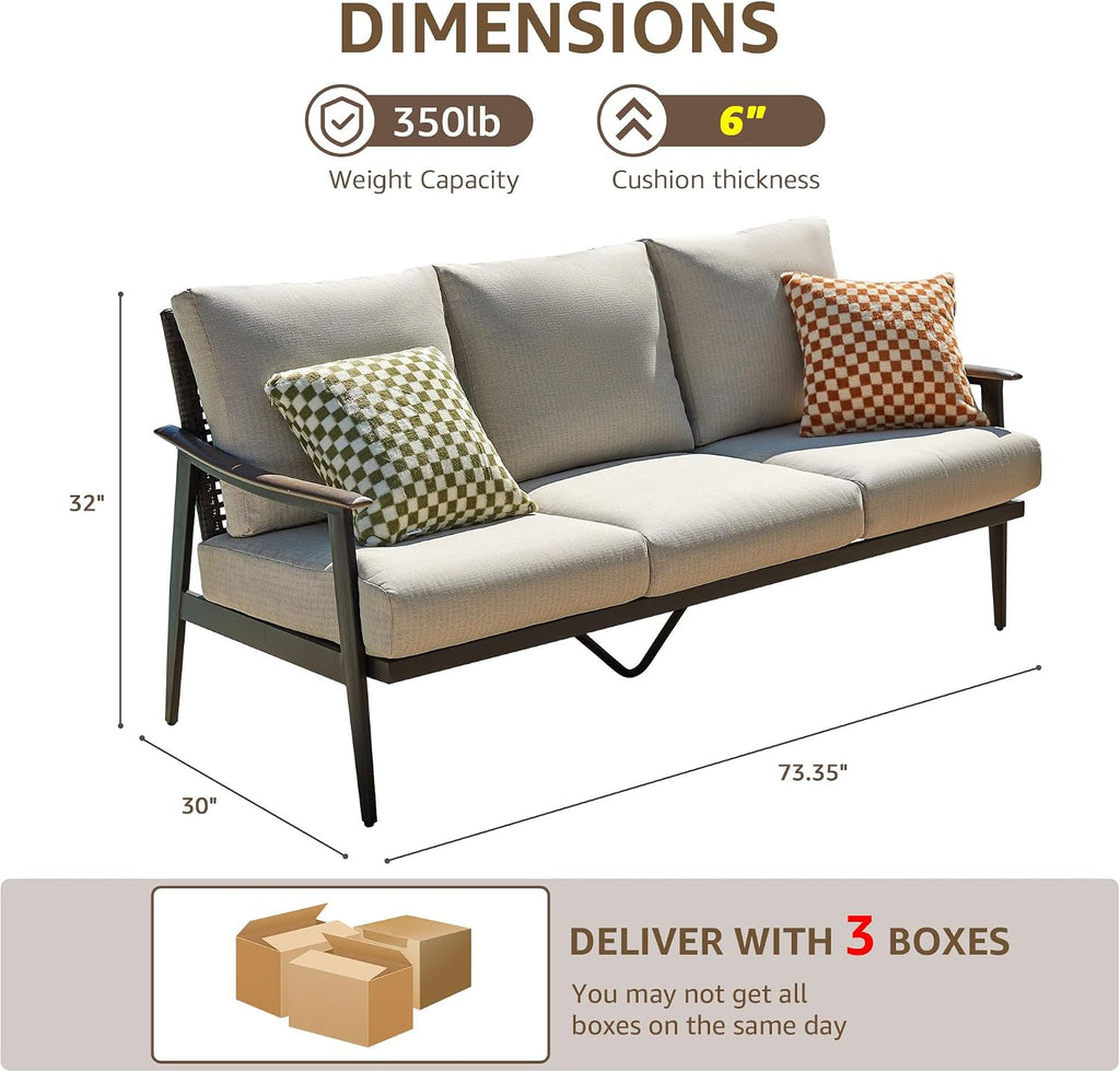 3-Seat Patio Couch Sofa, Wicker Back, Woodgrain Arm | Metal Outdoor Sofa with Adjustable Feet, Natural Wood-garin
