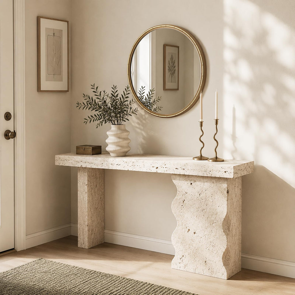 28 Inch Gold Round Wall Mirror, Circle Mirror with Bamboo Texture, Decorative Vanity Mirror