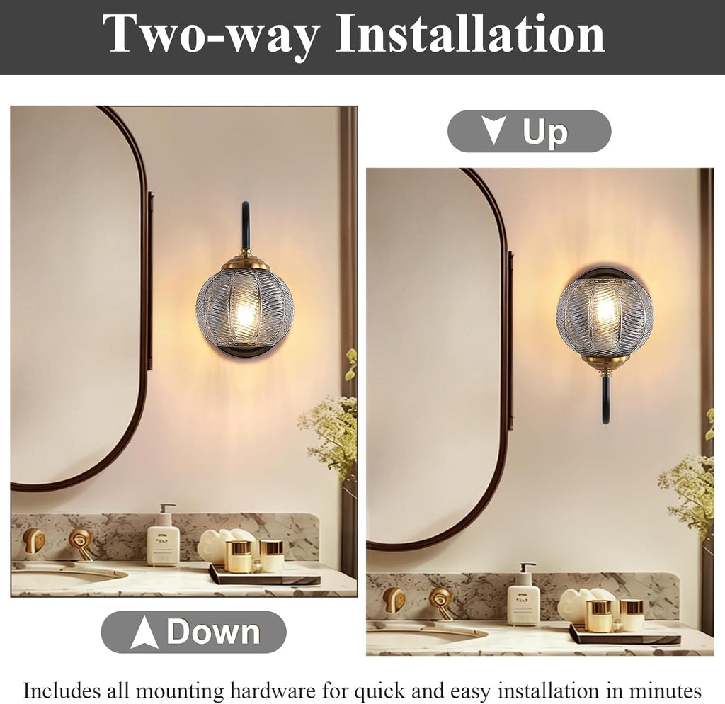Bathroom Vanity Light Fixtures, 1-Light Smoky Gray Glass Shade, Modern Black and Gold Wall Sconce, Unique Textured