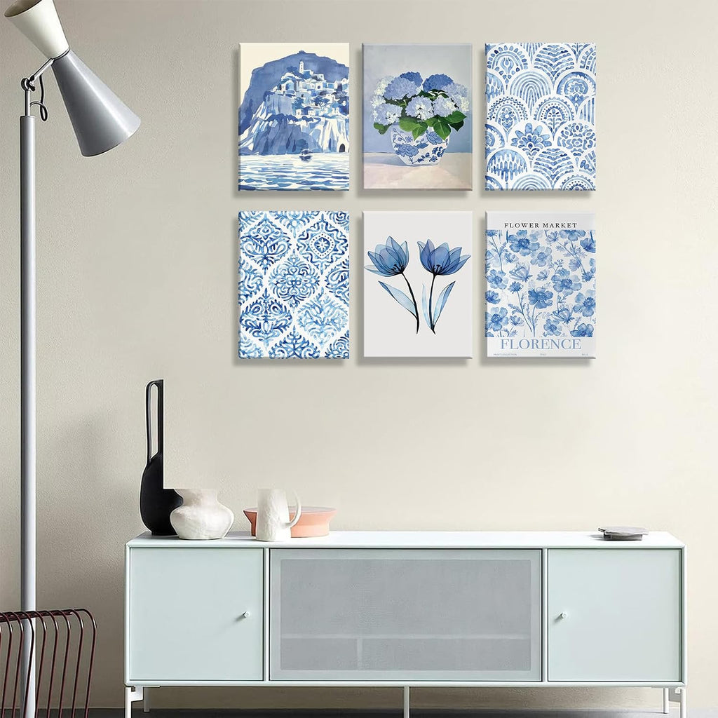 6Pcs Blue coastal Canvas Wall Art Flowers Aesthetic Wall Decor Hydrangeas Pictures painting Trendy Minimalist Prints