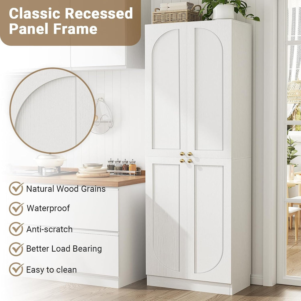 80" Kitchen Pantry, Extra Tall Arch Storage Cabinet with 4 Soft Close Doors and Adjustable Shelves, Freestanding Wood
