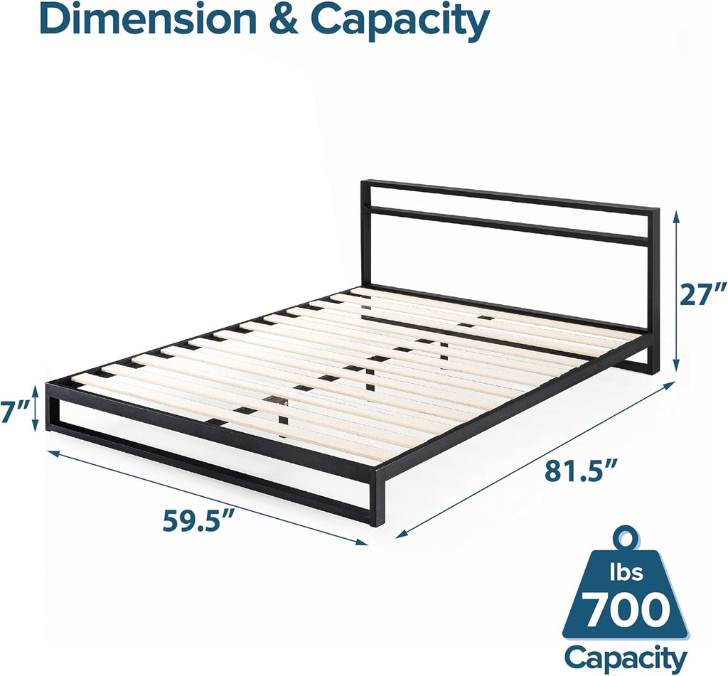 Trisha 7 Inch Metal Platform Bed Frame with Headboard, Wood Slat Support, No Box Spring Needed, Easy Assembly, Queen