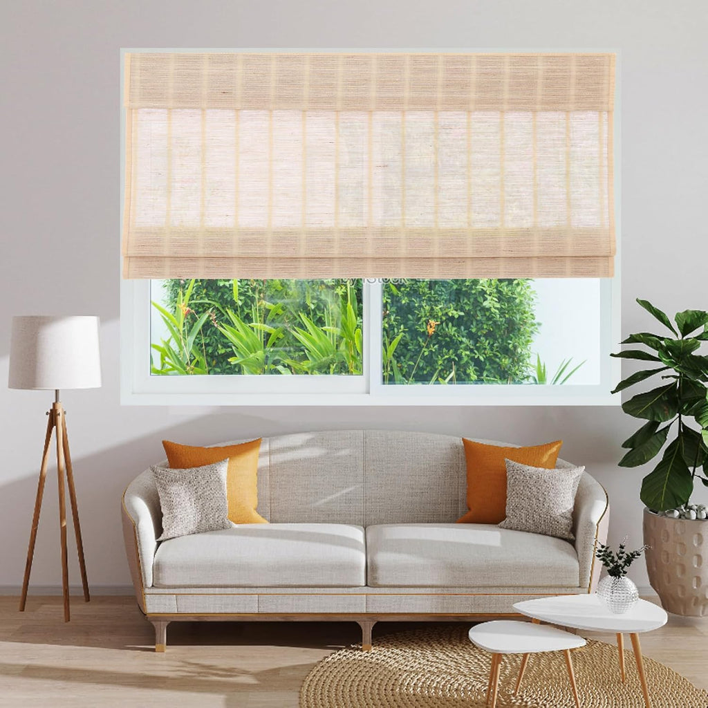 Cordless Bamboo Roman Shades for Windows with Borders, Natural Woven Wood Shades with 6 Inches High Valance, Custom
