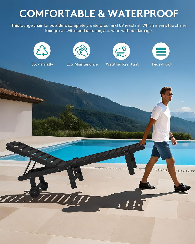 HDPE Outdoor Chaise Lounge Set of 2 with Cup Holder & Wheels, Black | Weather-resistant chaise lounge resists fading