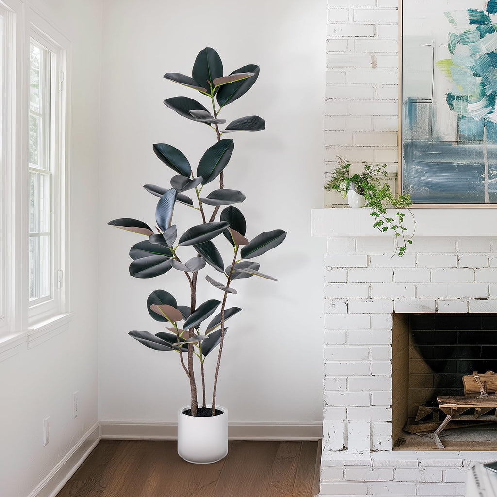 Artificial Rubber Tree - 6 FT Tall Fake Tree with Pot - Large Artificial Plants Indoor, Lifelike Branches & Foliage