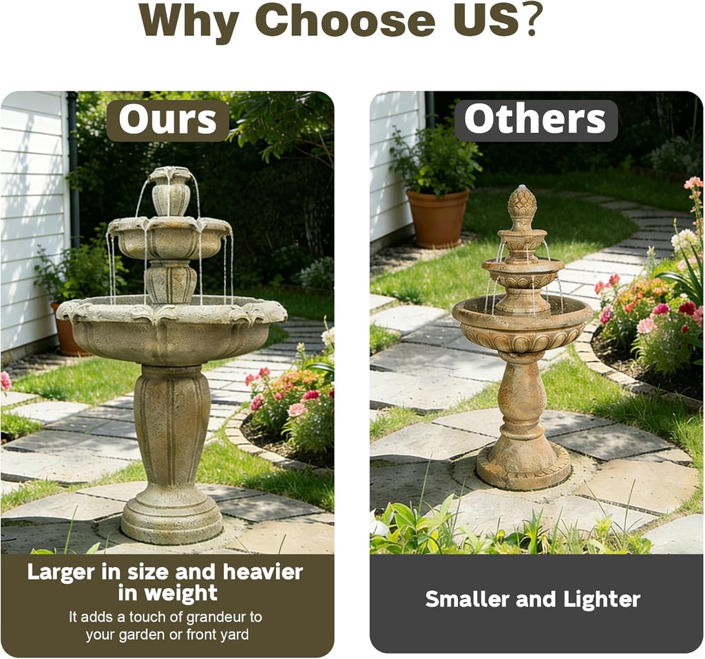 48" Water Fountain Outdoor - Large Waterfall Fountain Outside, 3-Tiers Cascading, Fiber Reinforced Concrete