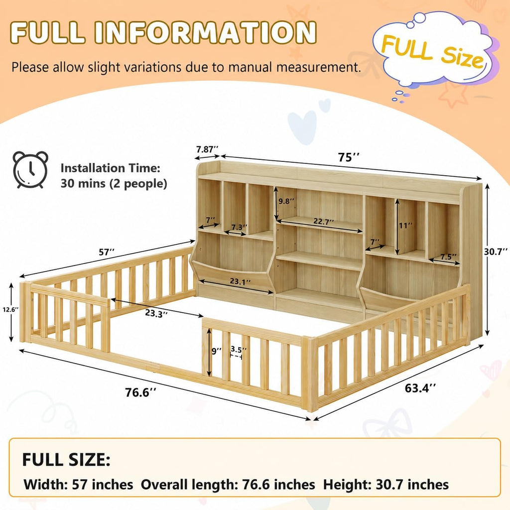 Full Size Floor Bed with High Solid Guardrail & 4-Tier Storage Cabinet, Premium Wood Bed Frame for Kids, Boys and