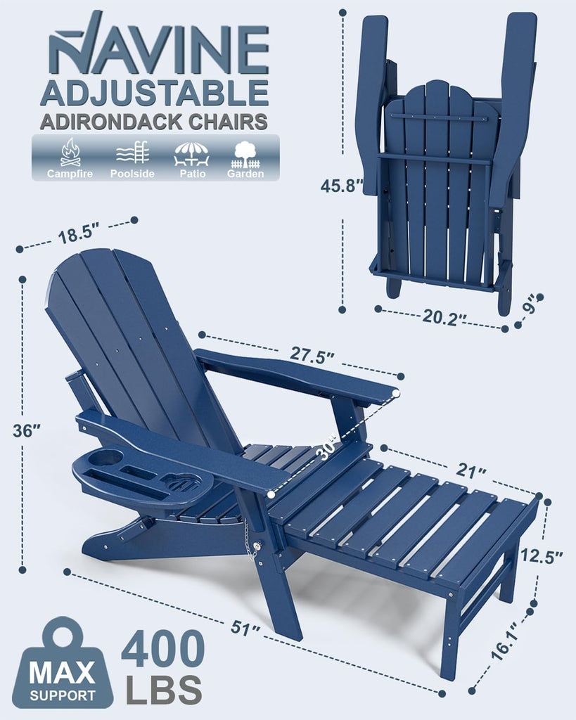 Adjustable Adirondack Chair Set of 2 with Retractable Ottoman | Folding HDPE Chair with Multifunctional Cup Holder