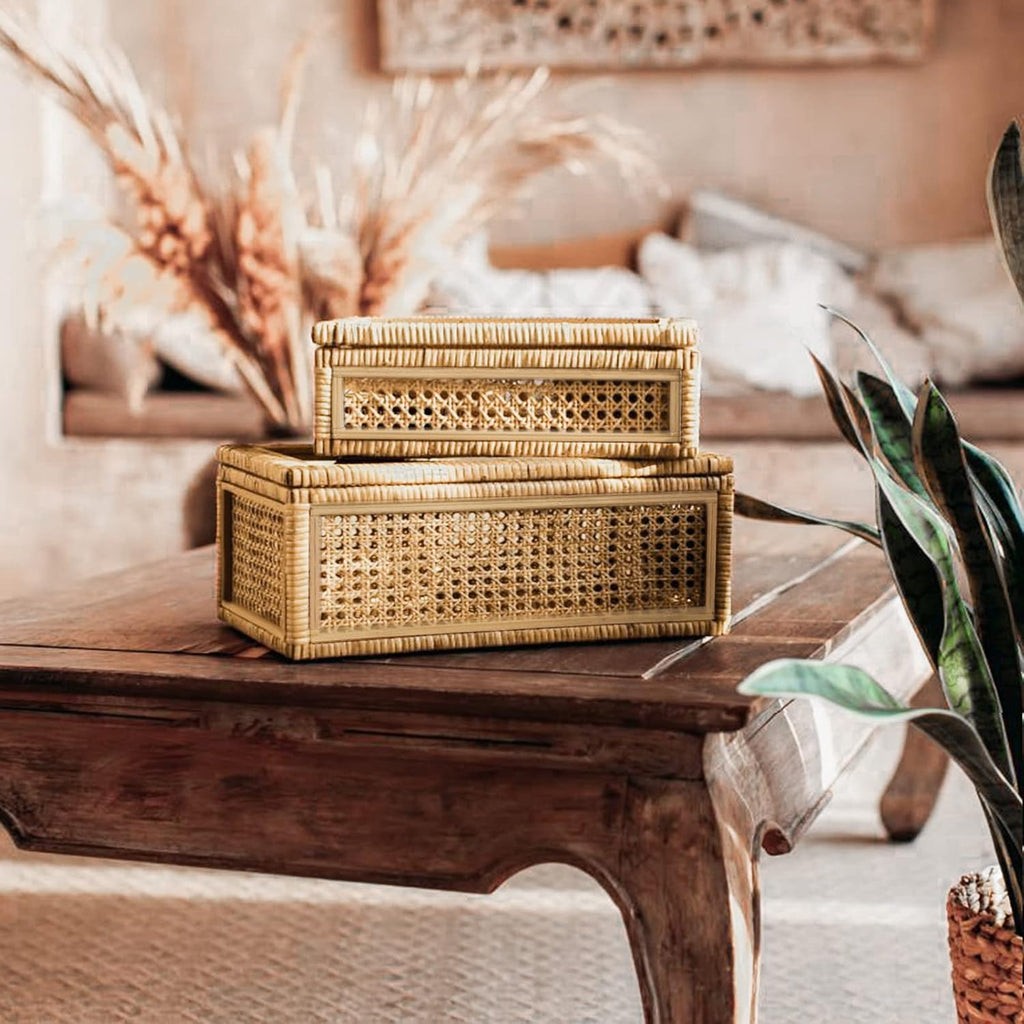 Large Handwoven Boho Rattan Display Boxes with Glass Lids Set of 2 | Rectangular Decorative Storage Bins Natural