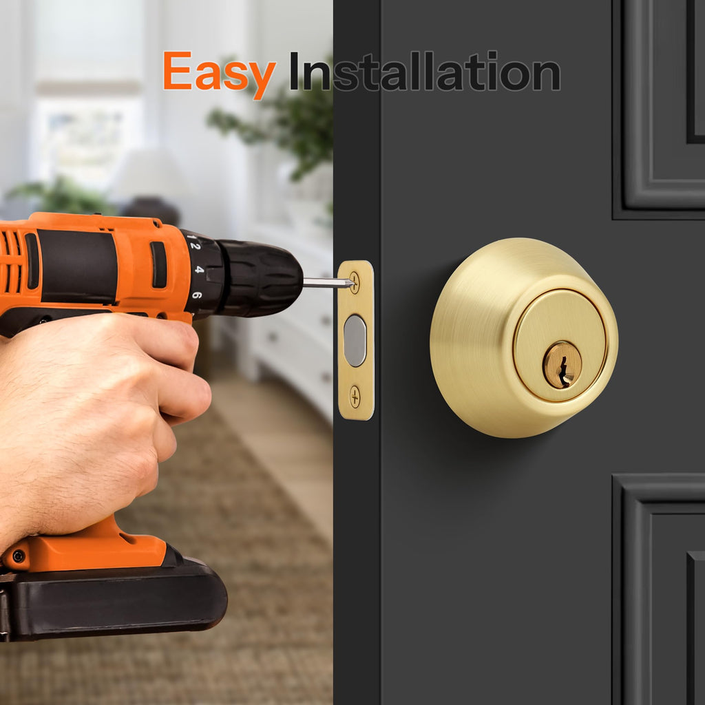 Single Cylinder Deadbolt, Keyed Front Door Lock, Satin Brass
