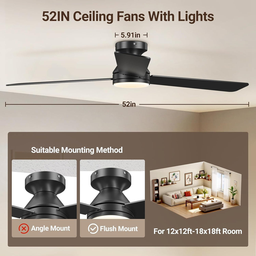 52 Inch Low Profile Ceiling Fan with Light and Remote Control,Reversible, LED Dimmable for Bedroom Living Room Indoor/Outdoor Patio Use