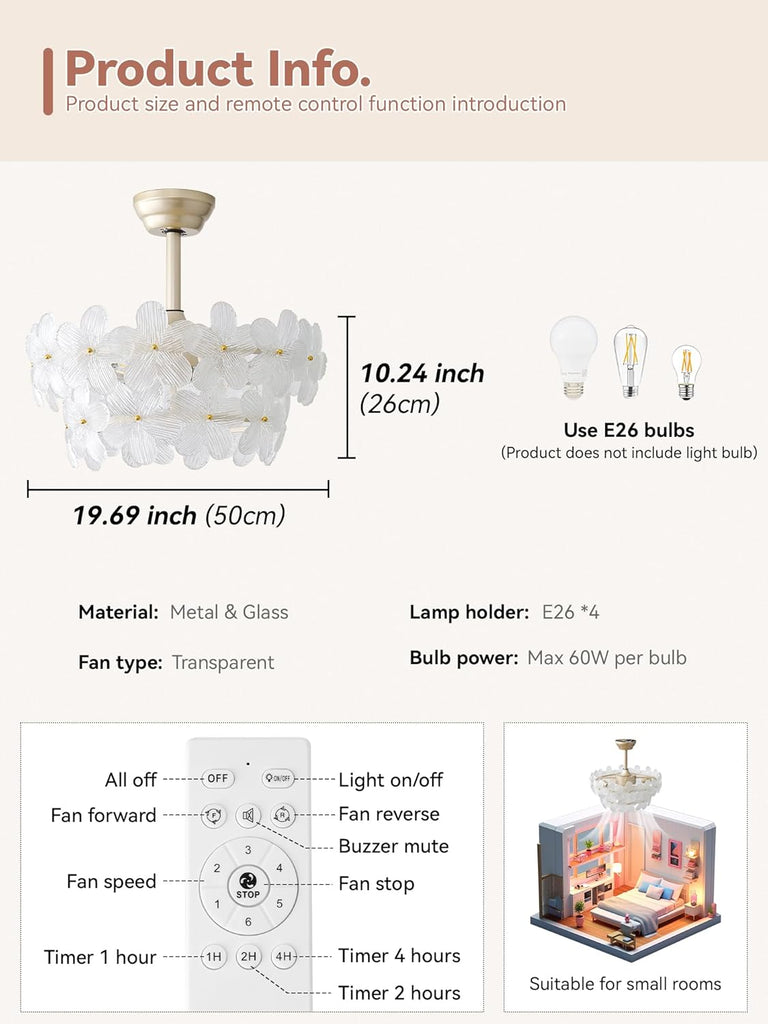 20" Gold Crystal Fandelier Ceiling Fans with Lights, Gold Flower Chandelier Ceiling Fan with Light Remote Control