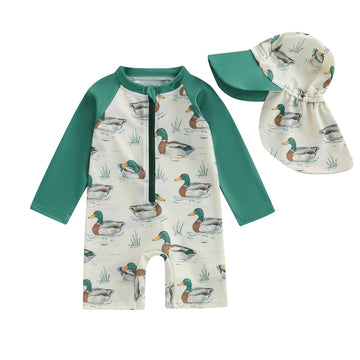 Toddler Baby Boy Swimsuit One Piece Rash Guard Bathing Suit Infant Beach Swimwear with Hat