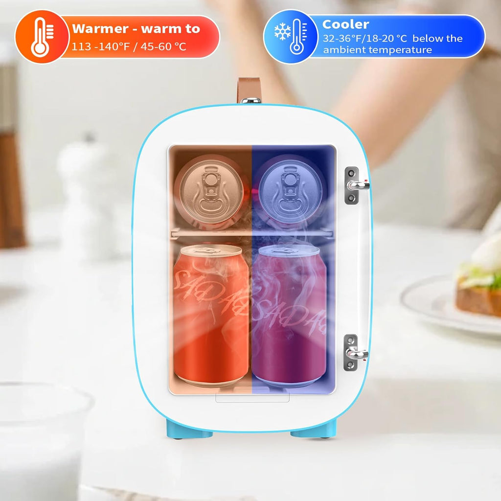 Mini Fridge for Bedroom Skincare Cooler & Warmer Portable Small Refrigerator 4 Liter/6 can with 12v AC/DC/USB Option