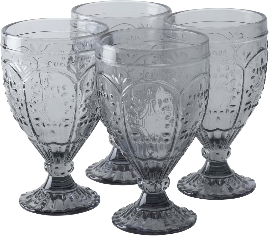 Fitz and Floyd Trestle Glassware Ornate Goblets, Set of 4, Smoke
