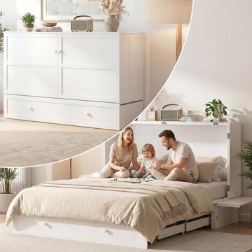 Murphy Bed Queen Cabinet Bed with Tri-fold Mattress and Built-in USB Charging, 2 Drawers, Bedside Panel, Hidden Guest