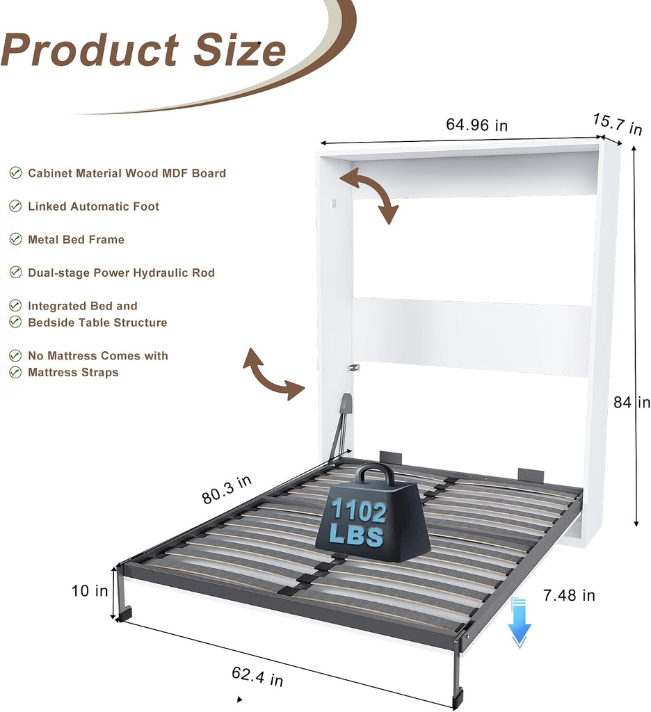 Queen Murphy Bed Chest, Space Saving Folding Cabinet Wall Bed Frame, Foldable Hideaway Cabinets Platform Beds Frames