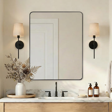 Wall Mirror, 30"x40" Black Bathroom Mirror, Modern Rounded Rectangle Metal Frame Mirror for Vanity, Matte Stainless
