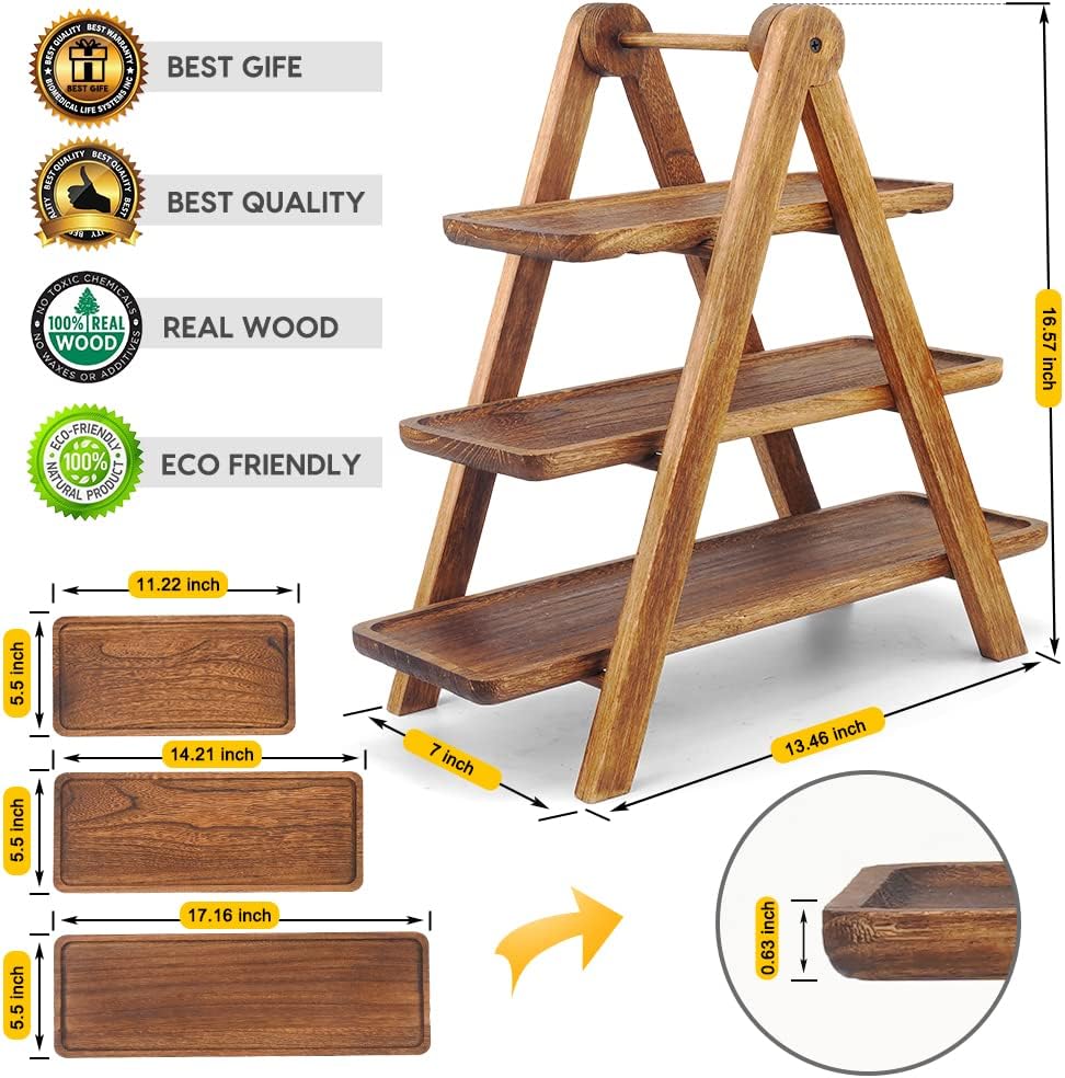 Wood 3 Tier Serving Tray Three Tiered Cupcake Stand, Rectangle Serving Platter Wooden Farmhouse Tiered Tray, Party