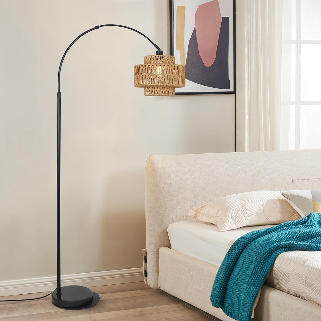 Arc Floor Lamp, Boho Rattan Floor Lamp with Remote, Black Standing Lamp with Dimmable Blub Timer