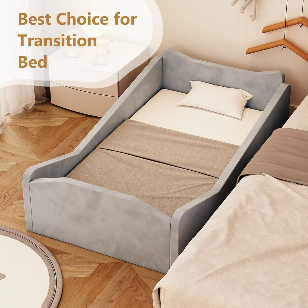 Toddler Bed, Floor Bed with Safety Guadrail, Montessori Toddler Bed with Animal Ear Shapes, Soft Velvet Wood Bed for