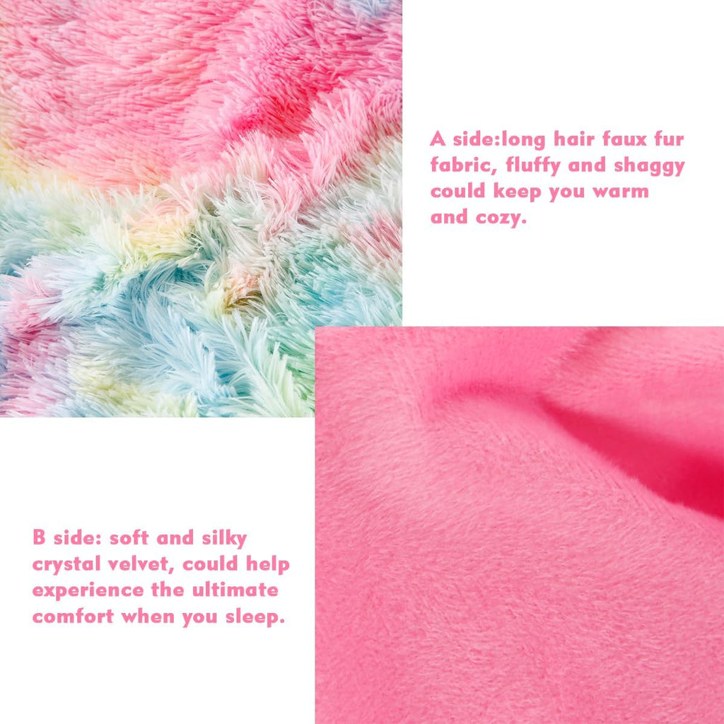 Pink Plush Shaggy Bedding Sets 3 Piece Fluffy Faux Fur Girls Comforter Set Soft Tie Dye Velvet Furry Rainbow