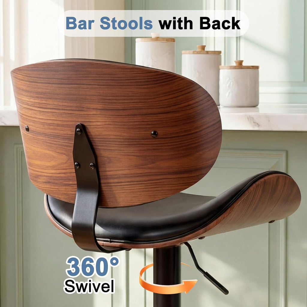 Swivel Bar Stools Set of 4, Adjustable Counter Height 24.6"-33.3" Bentwood BarStools, PU Leather Upholstery Bar Chair