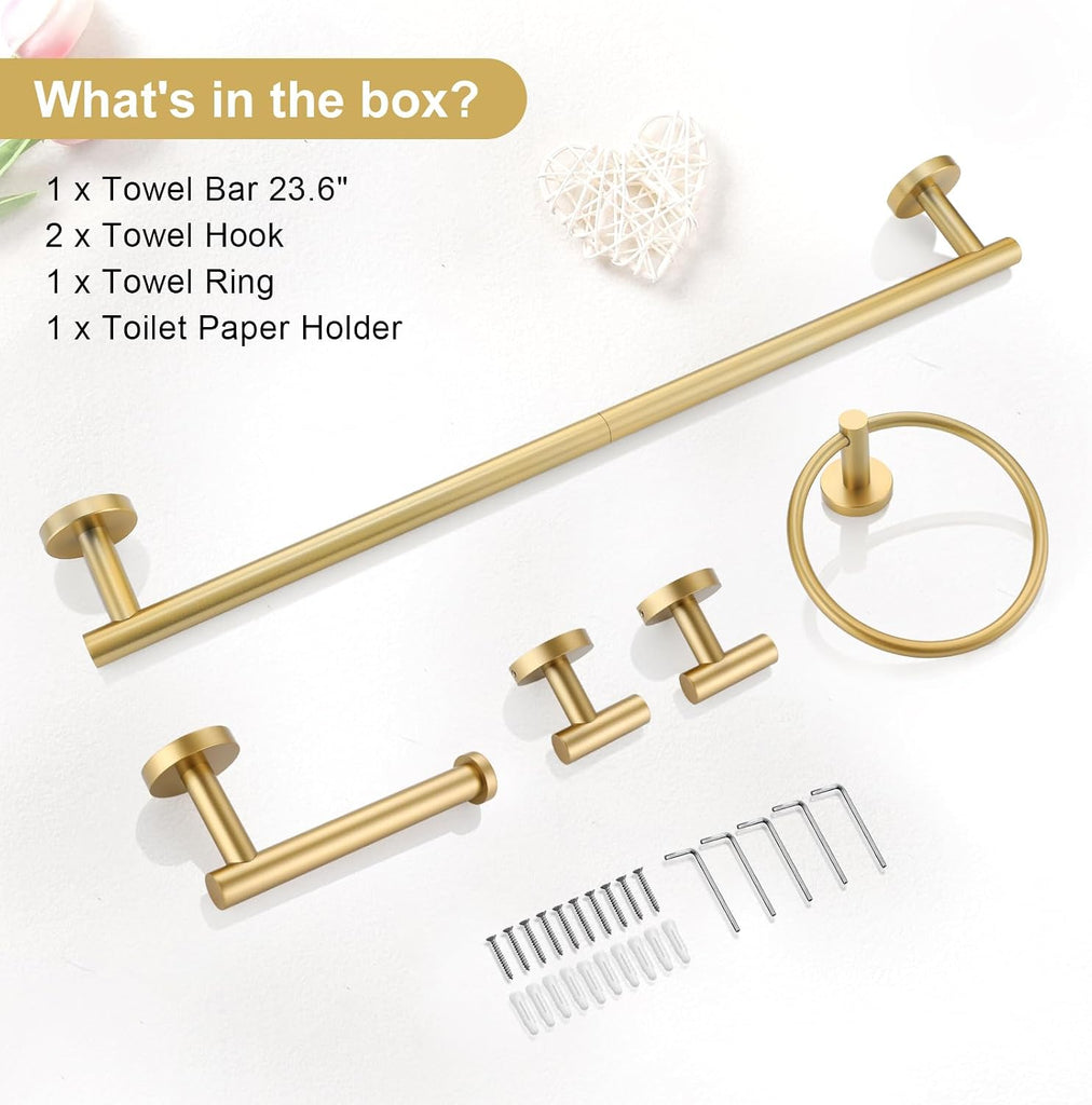 5 Piece Bathroom Accessories Set Brushed Gold Bathroom Hardware Set 23.6 Inch Bath Towel Bar Set SUS304 Stainless