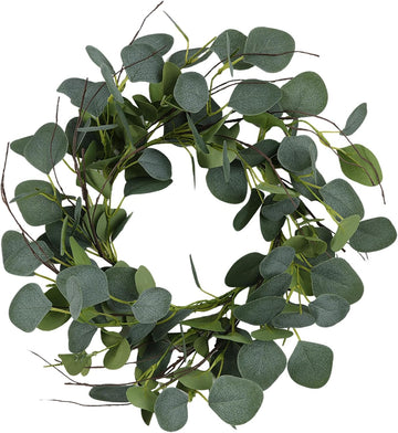Eucalyptus Leaves Wreath Metal Polyester Green Wreath 15 Inches for The Front Door Décor, 1 Pack