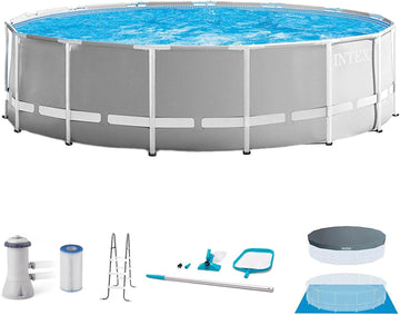 Prism Frame 15ft x 48in Round Above Ground Swimming Pool Set Bundle | 26725EH - 1000 GPH Filter Pump, Ladder, Pool