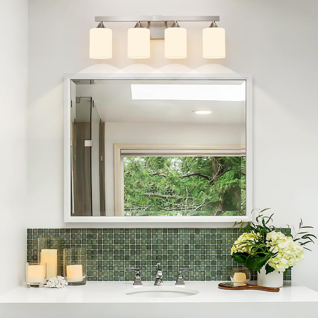 Brushed Nickel Vanity Lights,4-Light Bathroom Light Fixtures,Milky White Glass Shades Wall Lamp,E26 Socket Vanity