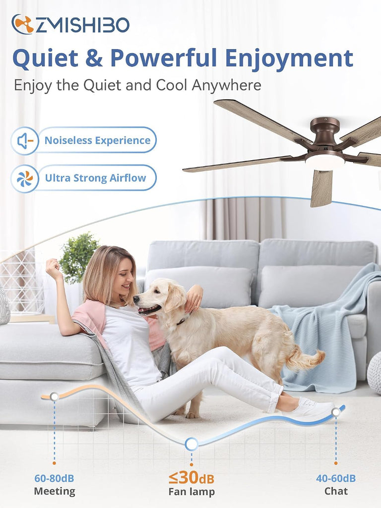 60 Inch Ceiling Fan with Light, App&Remote Control, Flush Mount Low Profile, Dimmable 20W LED Light, Quiet Reversible Motor for Bedroom, Living Room, Apartment, Brown