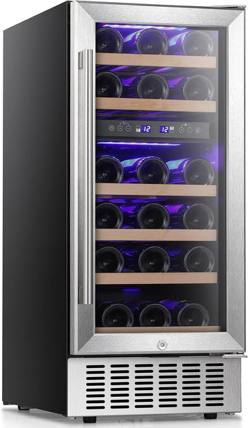 Wine Fridge 15" Wine Cooler Under Counter Beverage Refrigerator Beer Mini Fridge 28 Bottles Dual Zone Built