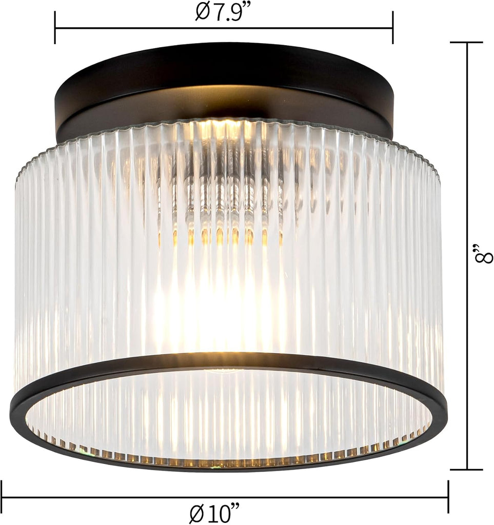 Glass Ceiling Light, Clear Ribbed Glass Ceiling Light Fixture with Black Metal Frame, Modern Semi Flush Mount Ceiling