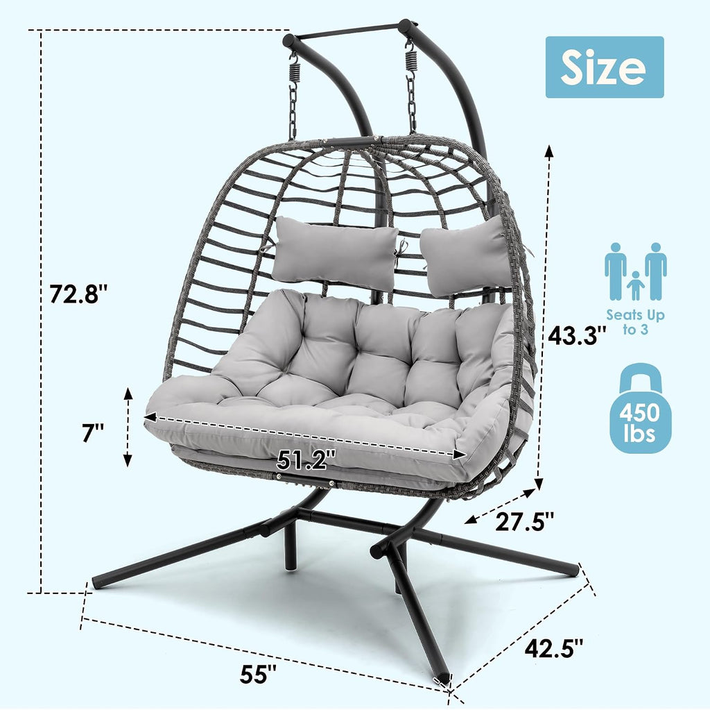Double with Stand, Large Hand-Woven Wicker Rattan Hanging Egg Chair for 2 People, Porch Hammock Swing Loveseat with