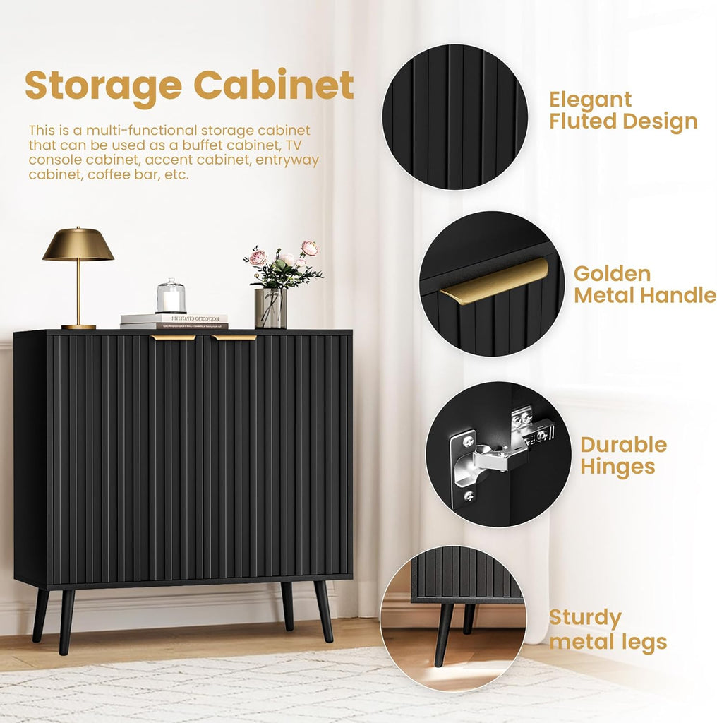 Black Fluted Buffet Cabinet, Free Standing Sideboard with Storage, Wood Accent Cabinet with Doors & Shelf, Modern
