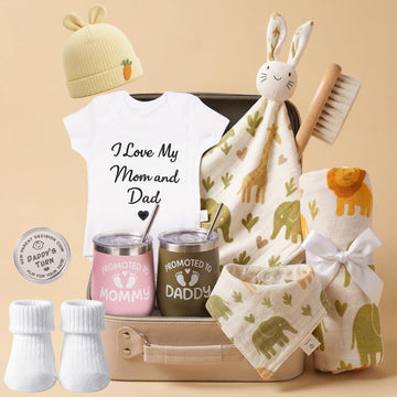 Parents Gift Set with Suitcase Box, New Mom and Dad Gifts, Newborn Baby Essentials Gift Box with 2 Tumblers