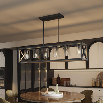 Farmhouse Dining Room Light Fixture - 6 Light Kitchen Island Lighting with Adjustable Height & Thickened Metal Dining